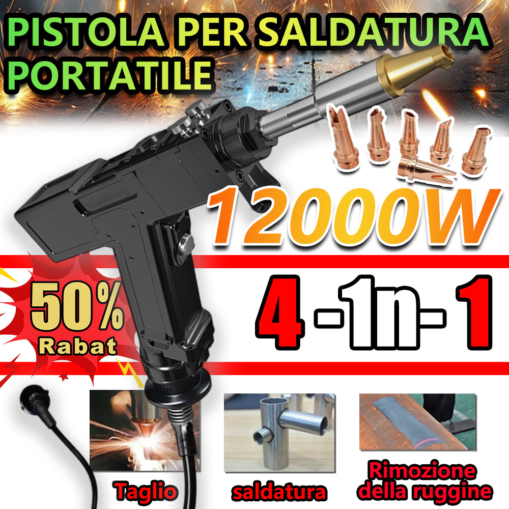 Saldatrice 4 in 1 da 12000 W: salda, taglia, pulisce e disossida, tutto con un unico dispositivo. Funziona con corrente domestica a 230 V, senza gas. Compatta, portatile, ideale per appassionati del fai da te e professionisti.
